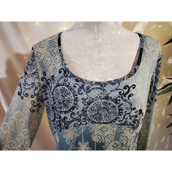 Vtg Axcess Liz Claiborne Sheer Mesh Overlay Babydoll 3/4 Sleeve Top Size XL Boho - Picture 5 of 11